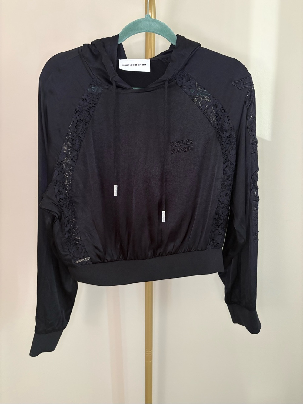 Kooples X Sport Black Lace-Trim Hooded Pullover